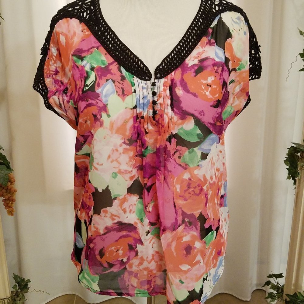 Candies pink and green button top crocheted top